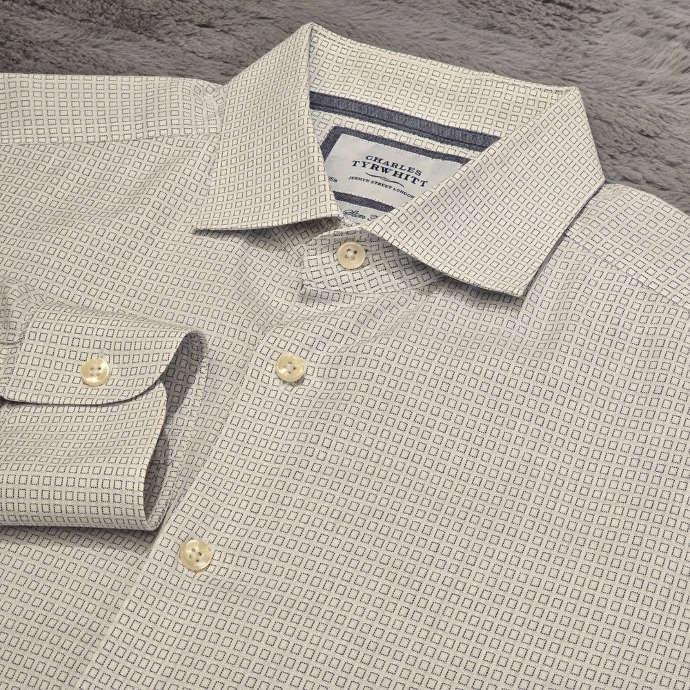Charles Tyrwhitt Slim Fit‎ Dress Shirt Mens 17/35 White Blue Geometric Grid